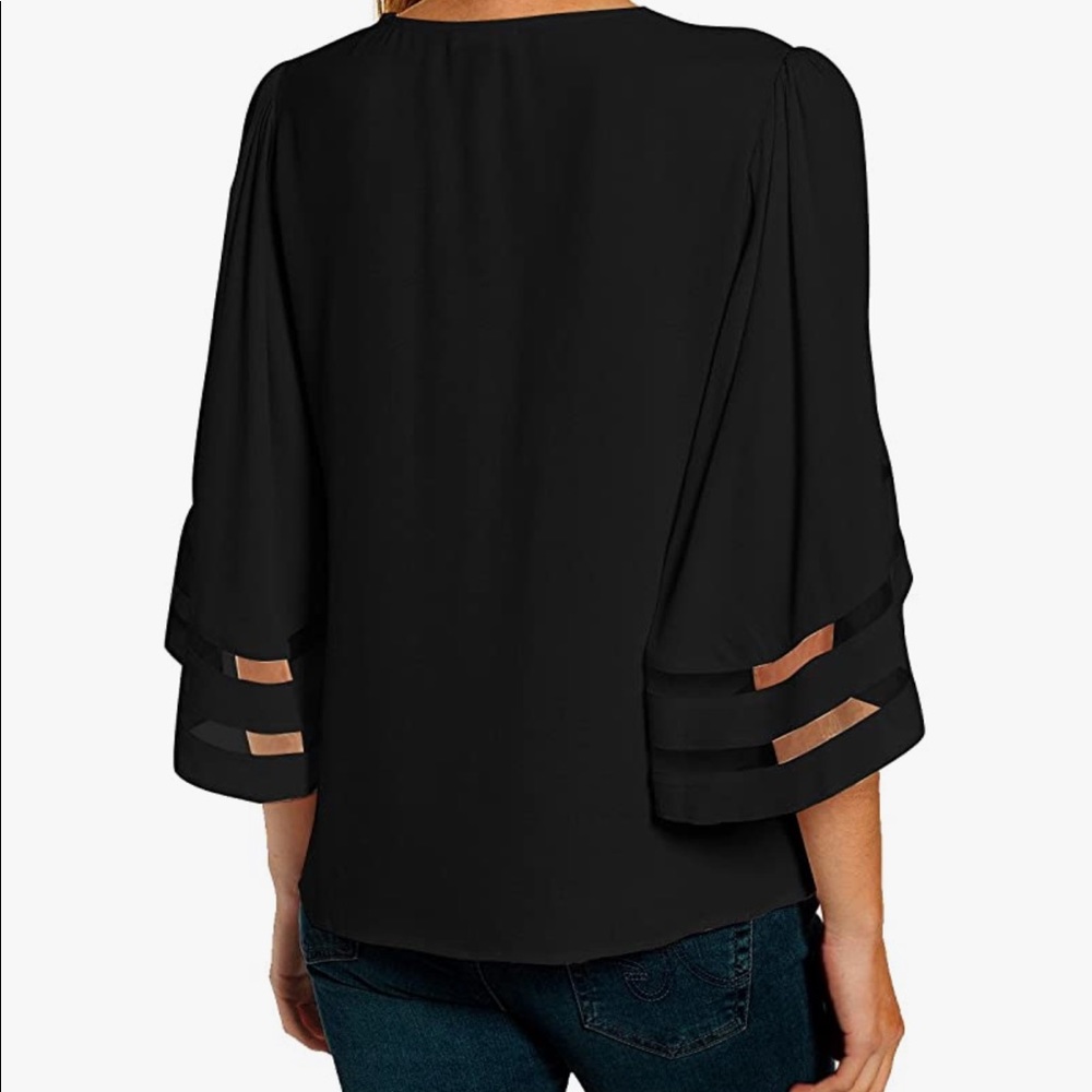Womens 3/4 sleeve mesh panel bell sleeve blouse